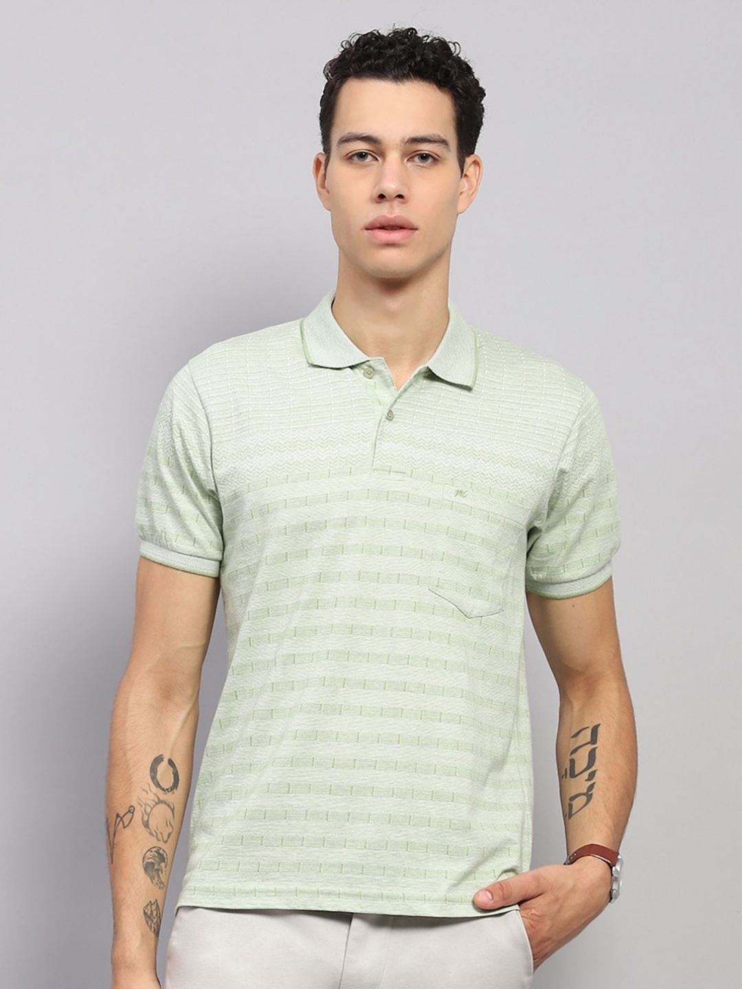 

Monte Carlo Men Striped Polo Collar Cotton T-shirt, Green