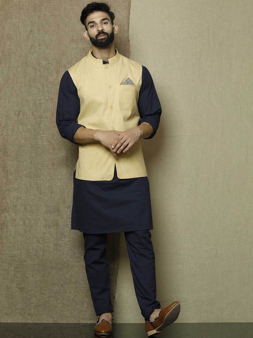 

TJORI Pure Cotton Corduroy Nehru Jackets, Khaki