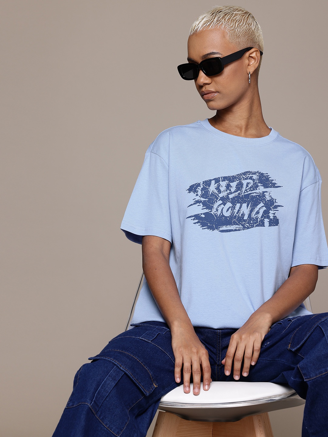 

The Roadster Lifestyle Co. Typography Printed Drop-Shoulder Oversized Pure Cotton T-shirt, Blue