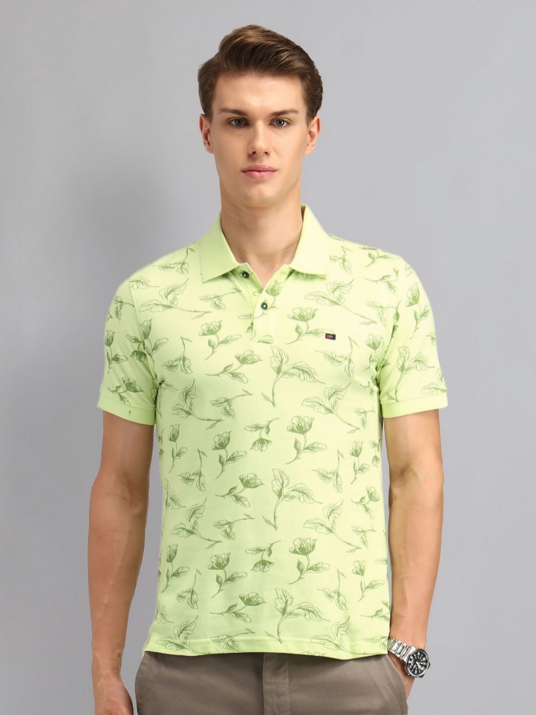 

AD By Arvind Men Floral Printed Polo Collar Cotton Slim Fit T-shirt, Green