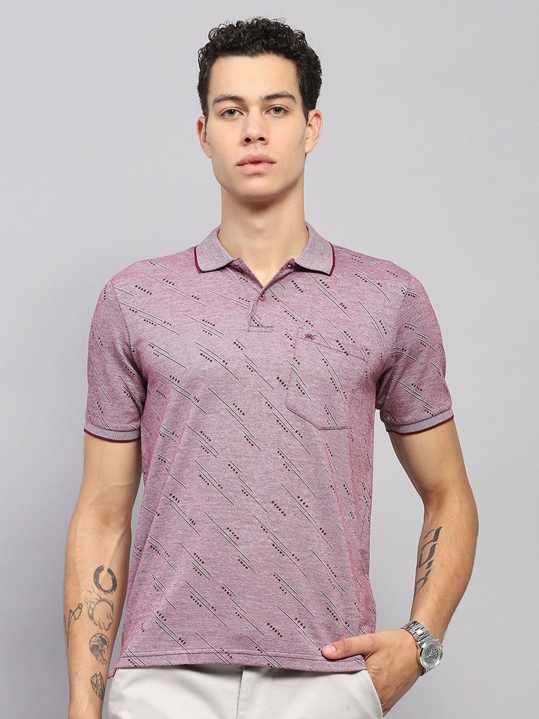 

Monte Carlo Men Geometric Printed Polo Collar Cotton T-shirt, Burgundy