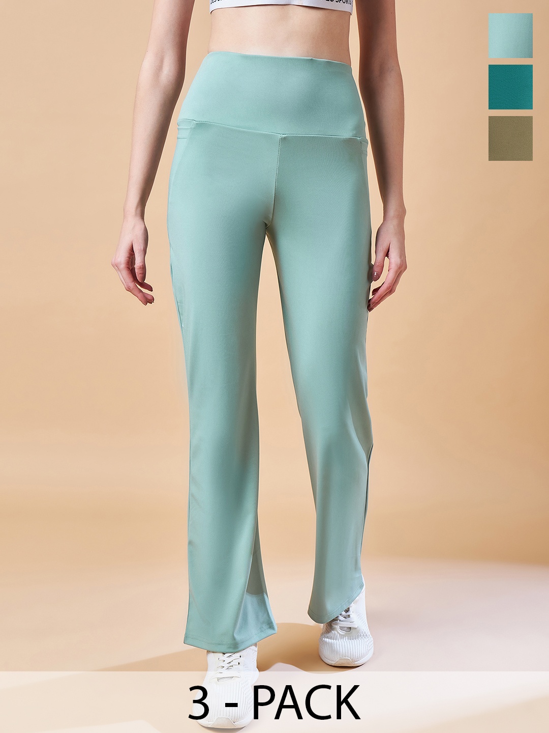 

COLOR CAPITAL Women Pack Of 3 Antimicrobial High Rise Ankle-Length Gym Tights, Sea green