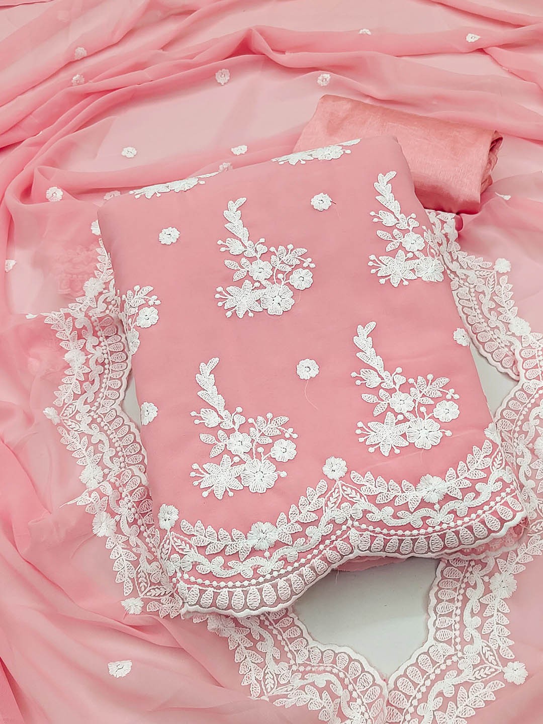 

Maroosh Embroidered Thread Work Unstitched Dress Material, Pink