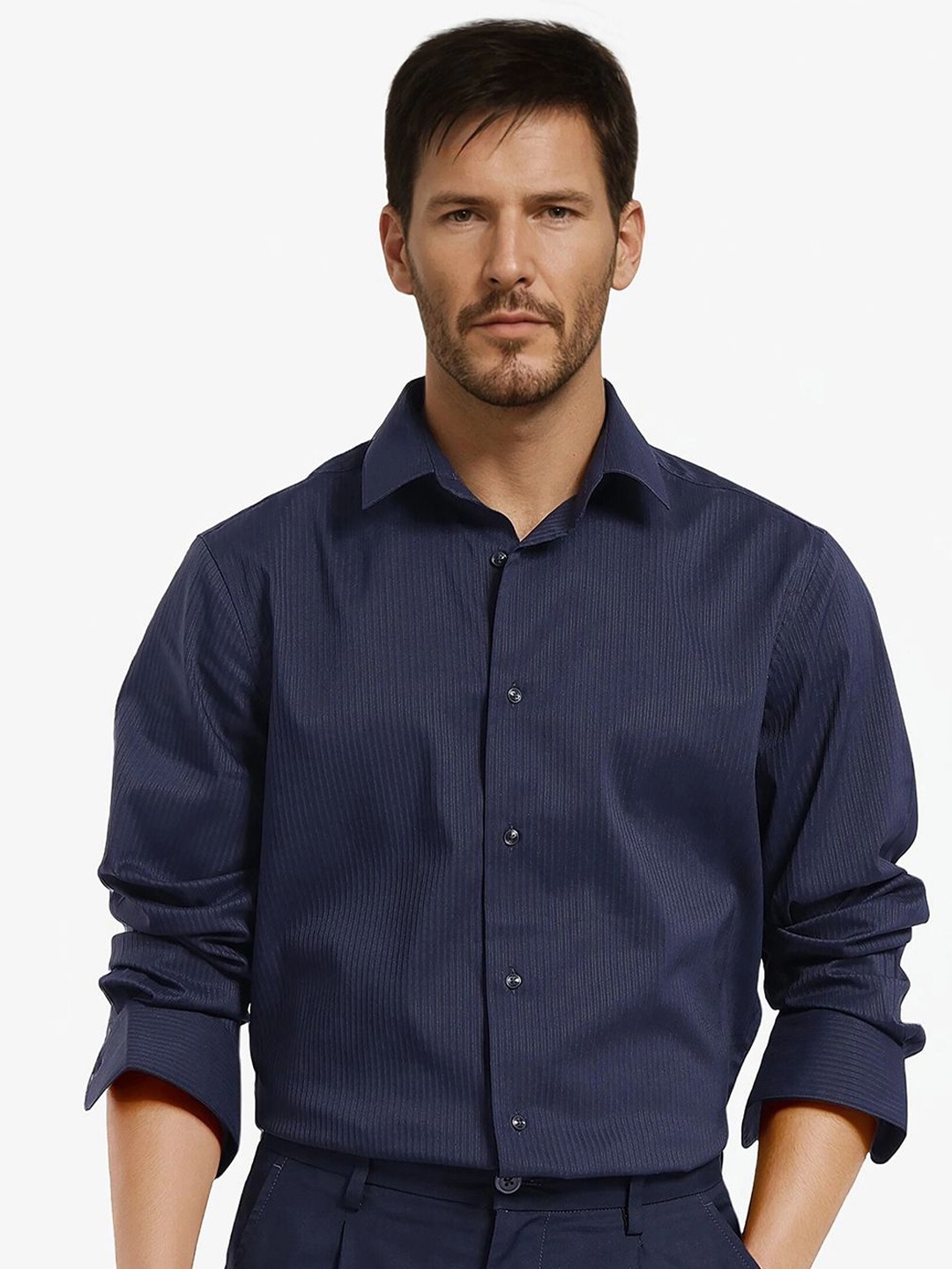 

RARE RABBIT Men Comfort Spread Collar Textured Formal Shirt, Navy blue