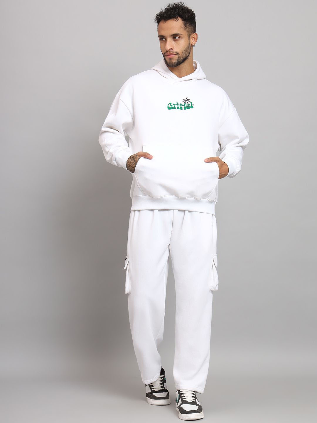 

GRIFFEL Men Printed Self Design Oversize-Fit Hooded Tracksuits, White