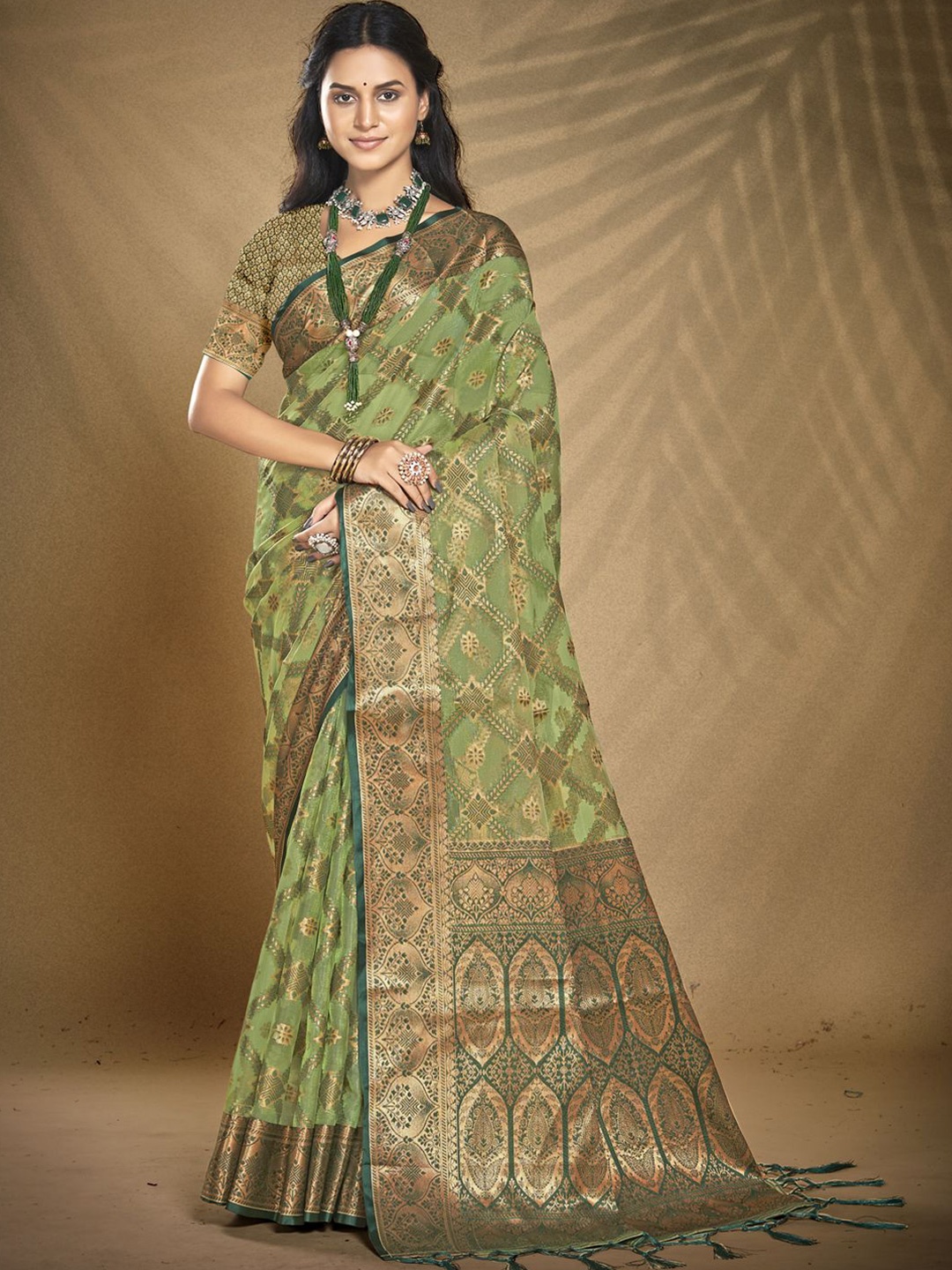 

Ishin Woven Design Zari Organza Saree, Green