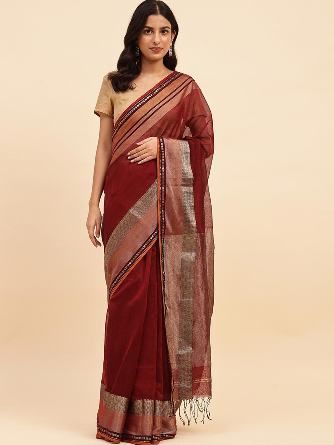 

Fabindia Maroon Cotton Silk Blend Maheshwari Woven Sari