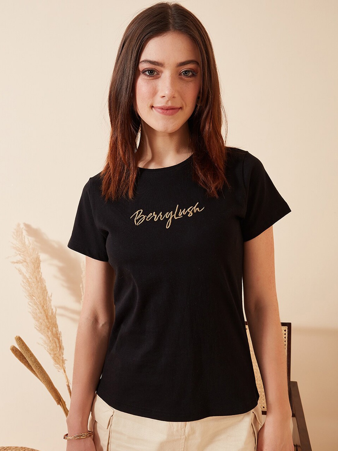 

Berrylush BASICS Black Brand Logo Embroidered Pure Cotton T-shirt