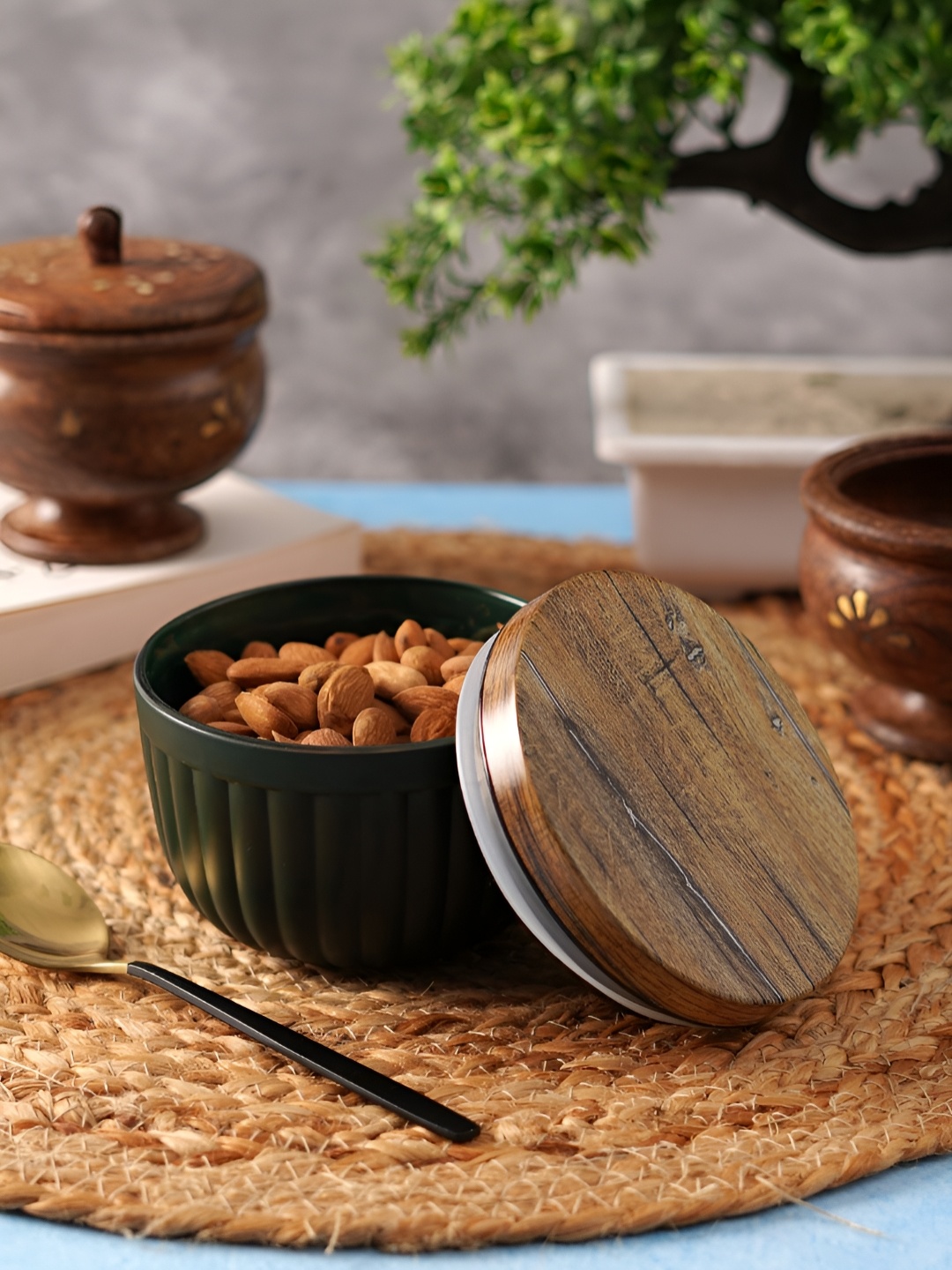 

Aura Green & Brown Glass & Wooden Textured Glass Coated Serving Bowl With Lid 300 ml