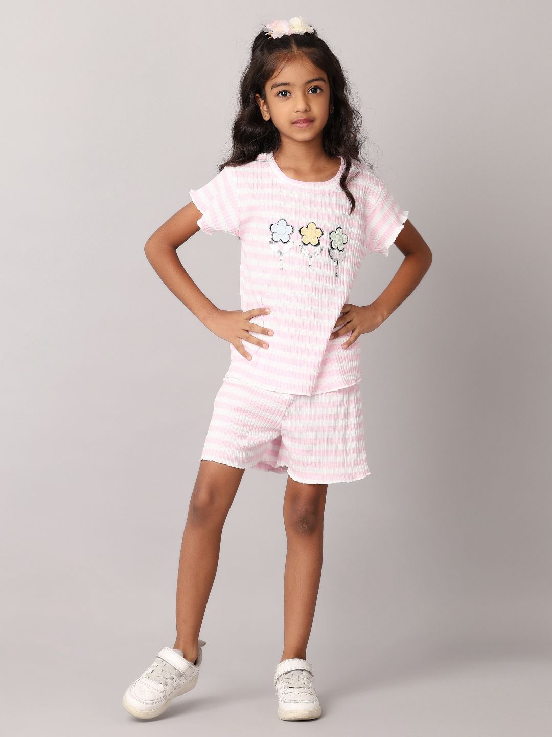 

V-Mart Girls Striped T-shirt With Short, Pink