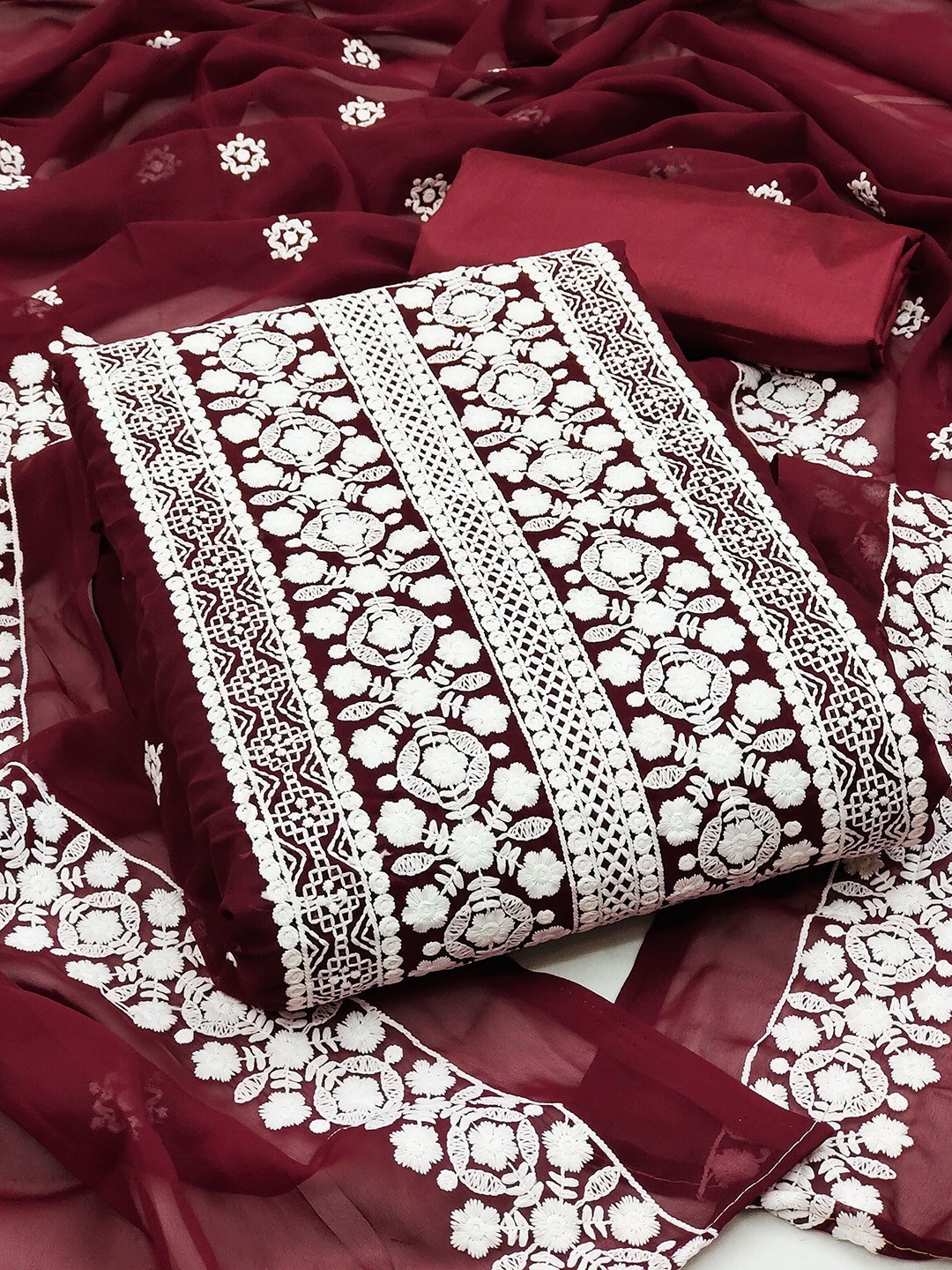 

Maroosh Floral Embroidered Unstitched Dress Material, Maroon