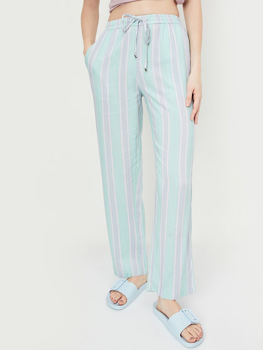 

max Women Striped Mid Rise Lounge Pants, Blue