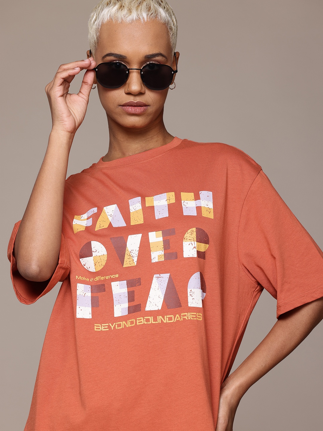 

The Roadster Lifestyle Co. Typography Print Oversized Pure Cotton T-shirt, Rust