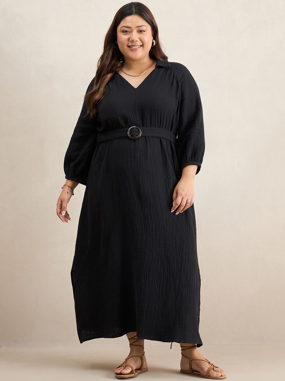 

FEMMELLA Women Self Design Maxi Cotton Dress, Black