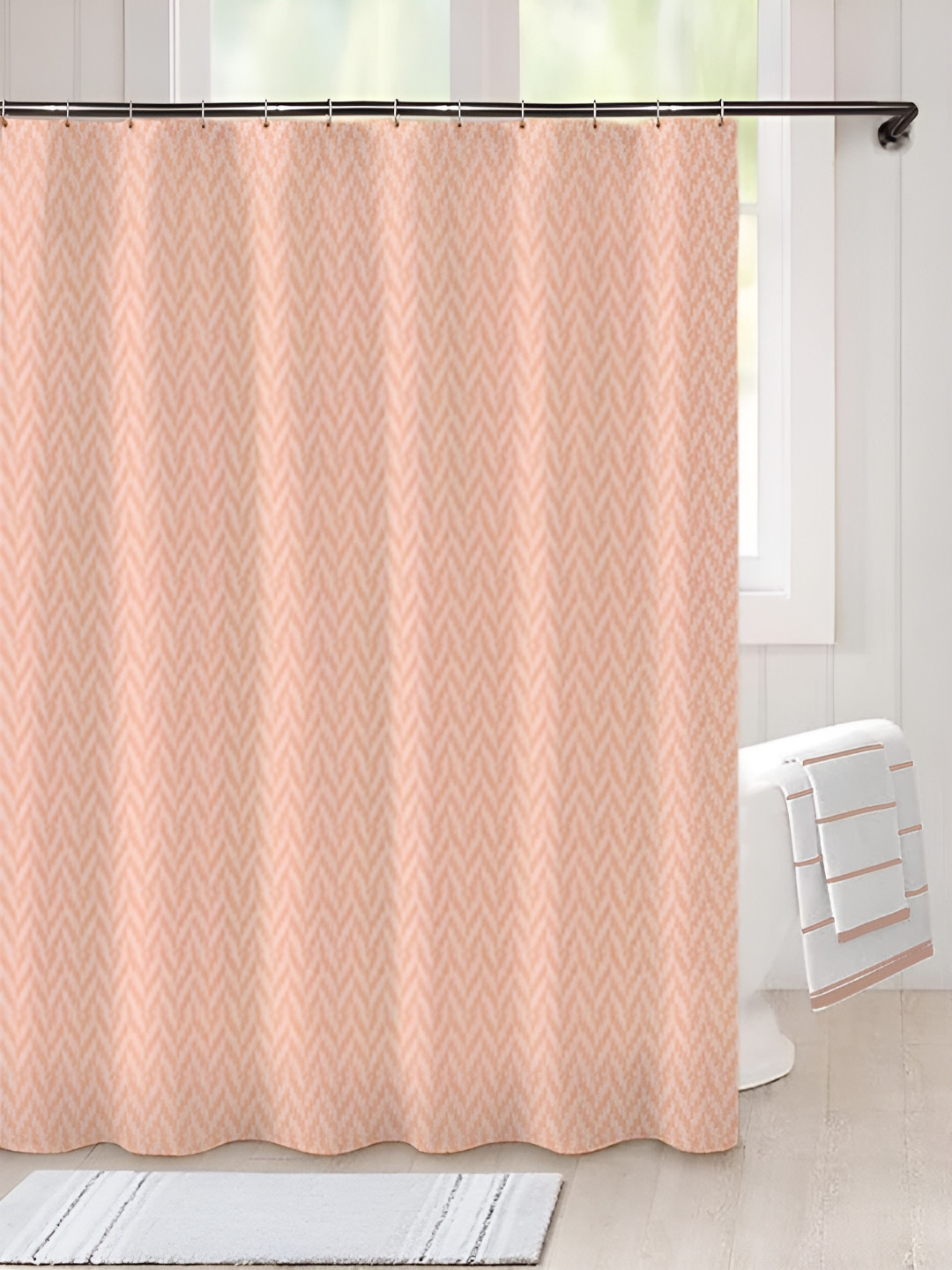 

Lushomes Peach Colored Chevron Self Design Shower Curtains