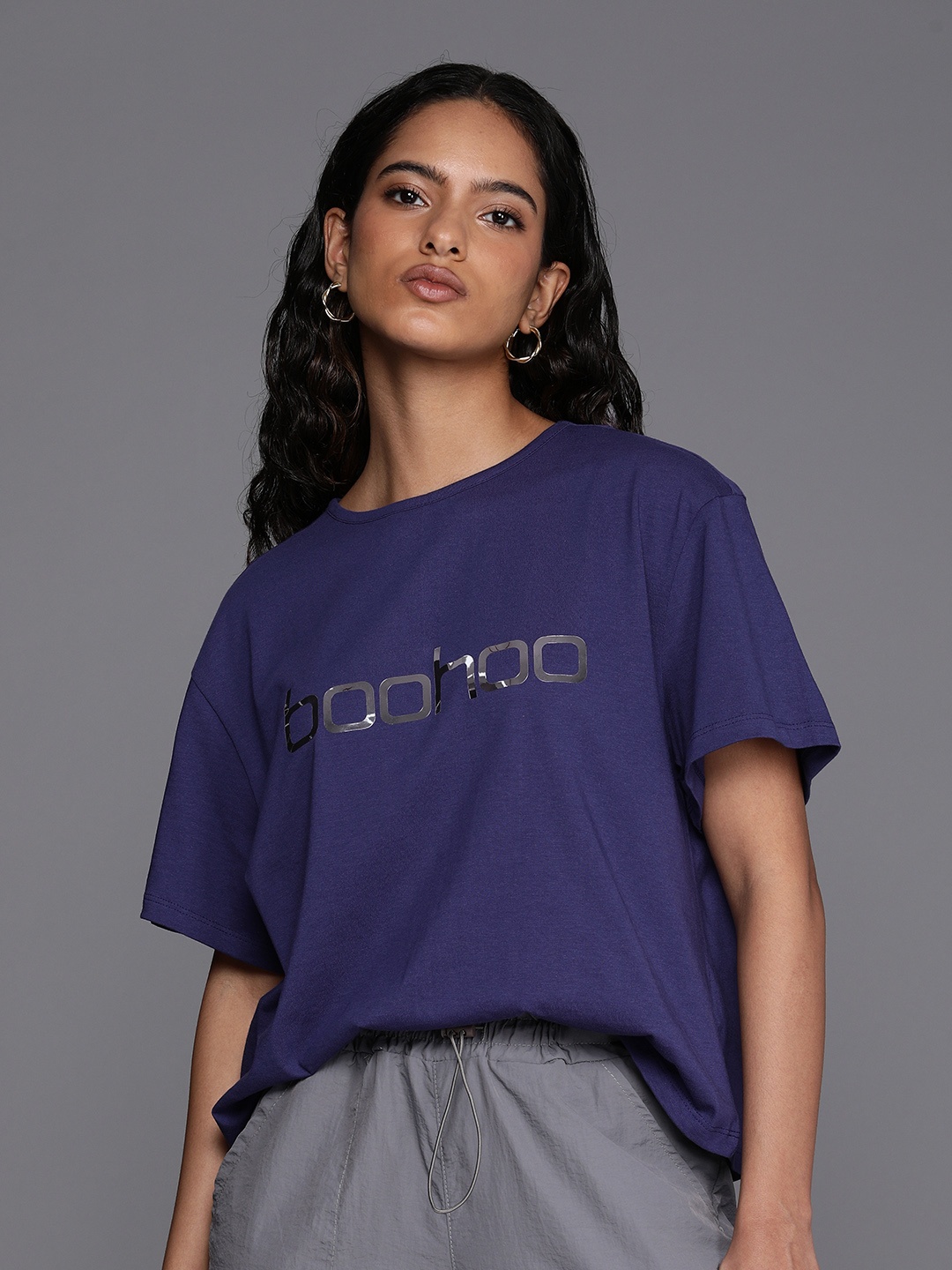 

Boohoo Women Brand Logo Printed T-shirt, Navy blue
