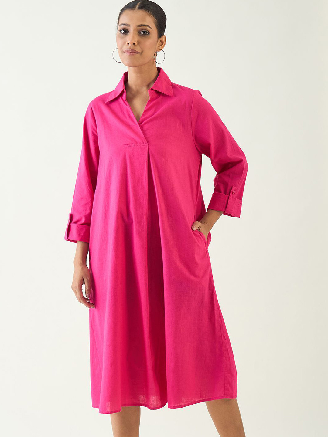 

FEMMELLA Women Cotton Shirt Collar A-Line Dress, Pink