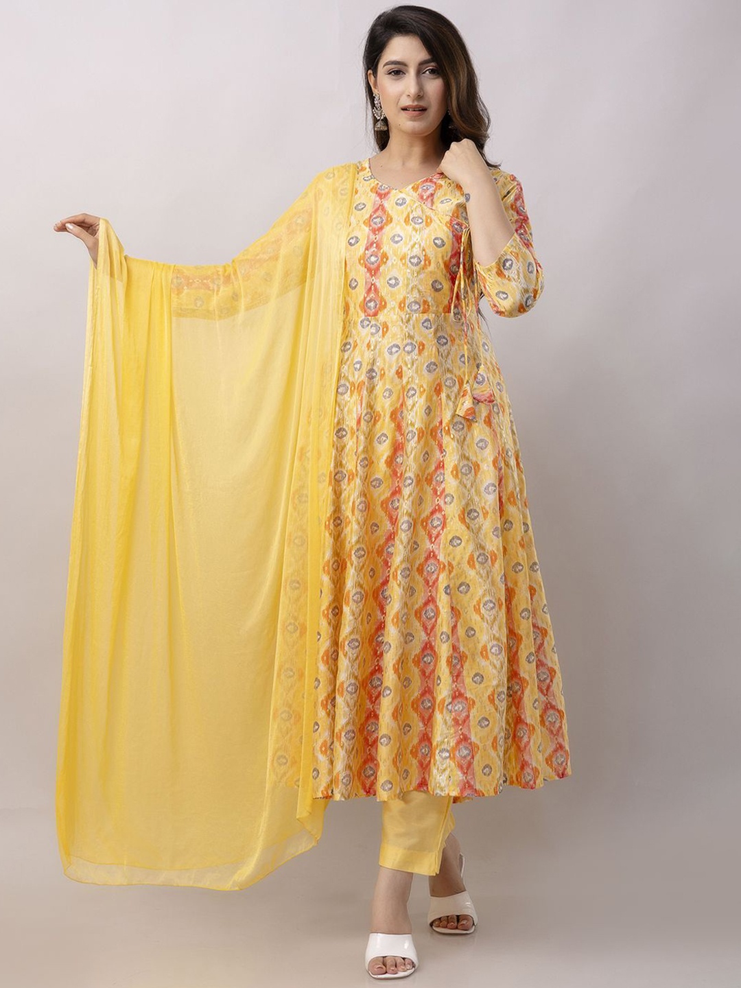 

Aawari Ethnic Motifs Printed Angrakha Pure Silk Anarkali Kurta with Trousers & Dupatta, Yellow