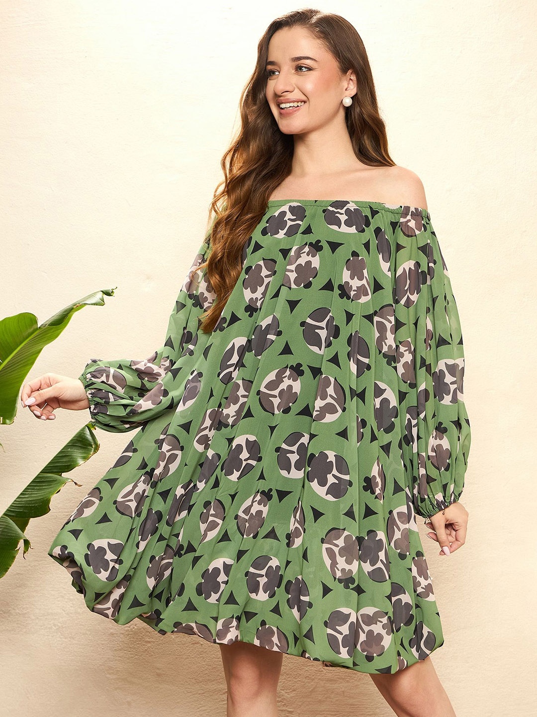 

STYLECAST X KASSUALLY Floral Print Off-Shoulder Puff Sleeve Georgette Fit & Flare Dress, Green