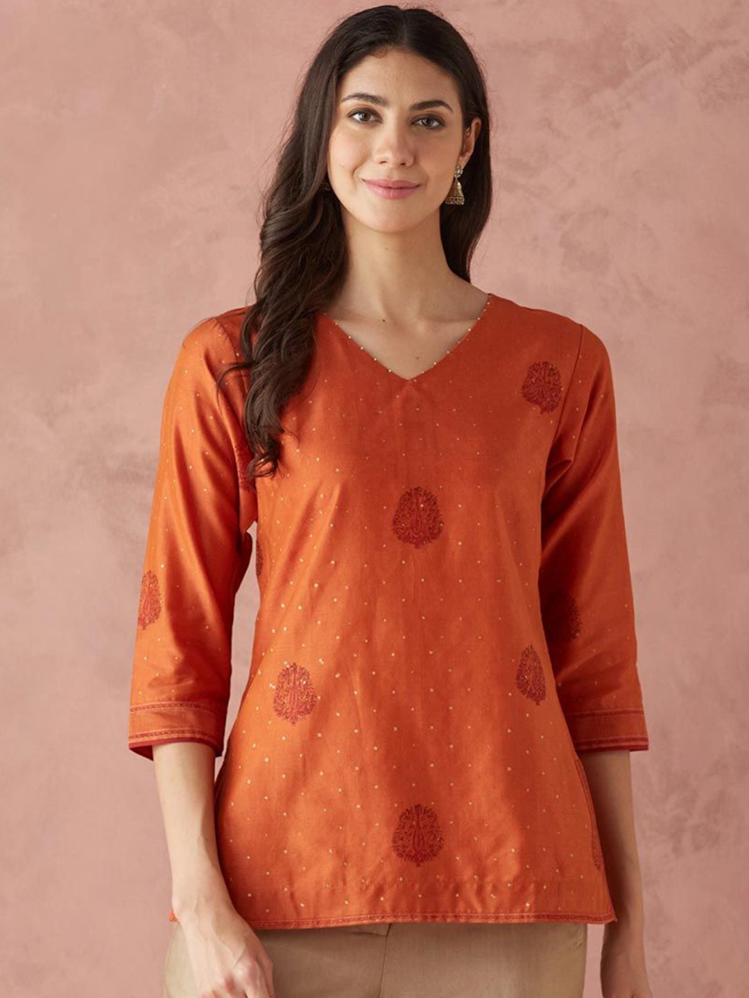 

Fabindia Ethnic Motifs Printed V-Neck Cotton Silk Top, Orange