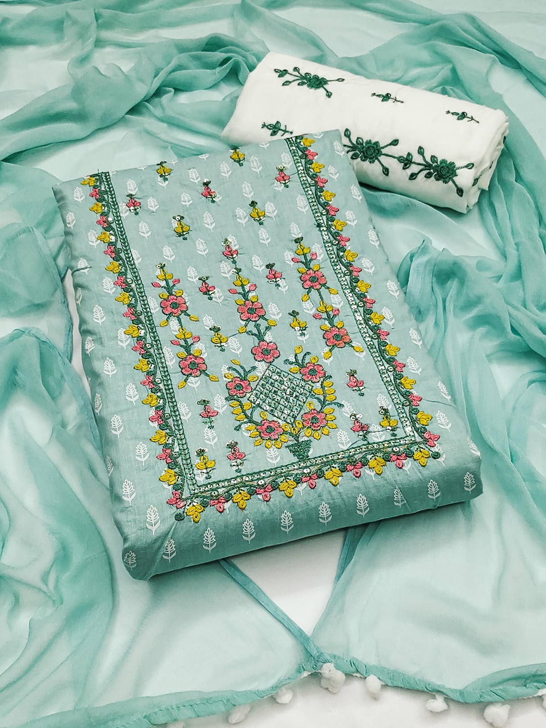 

Peachmode Floral Embroidered Pure Cotton Unstitched Dress Material, Turquoise blue