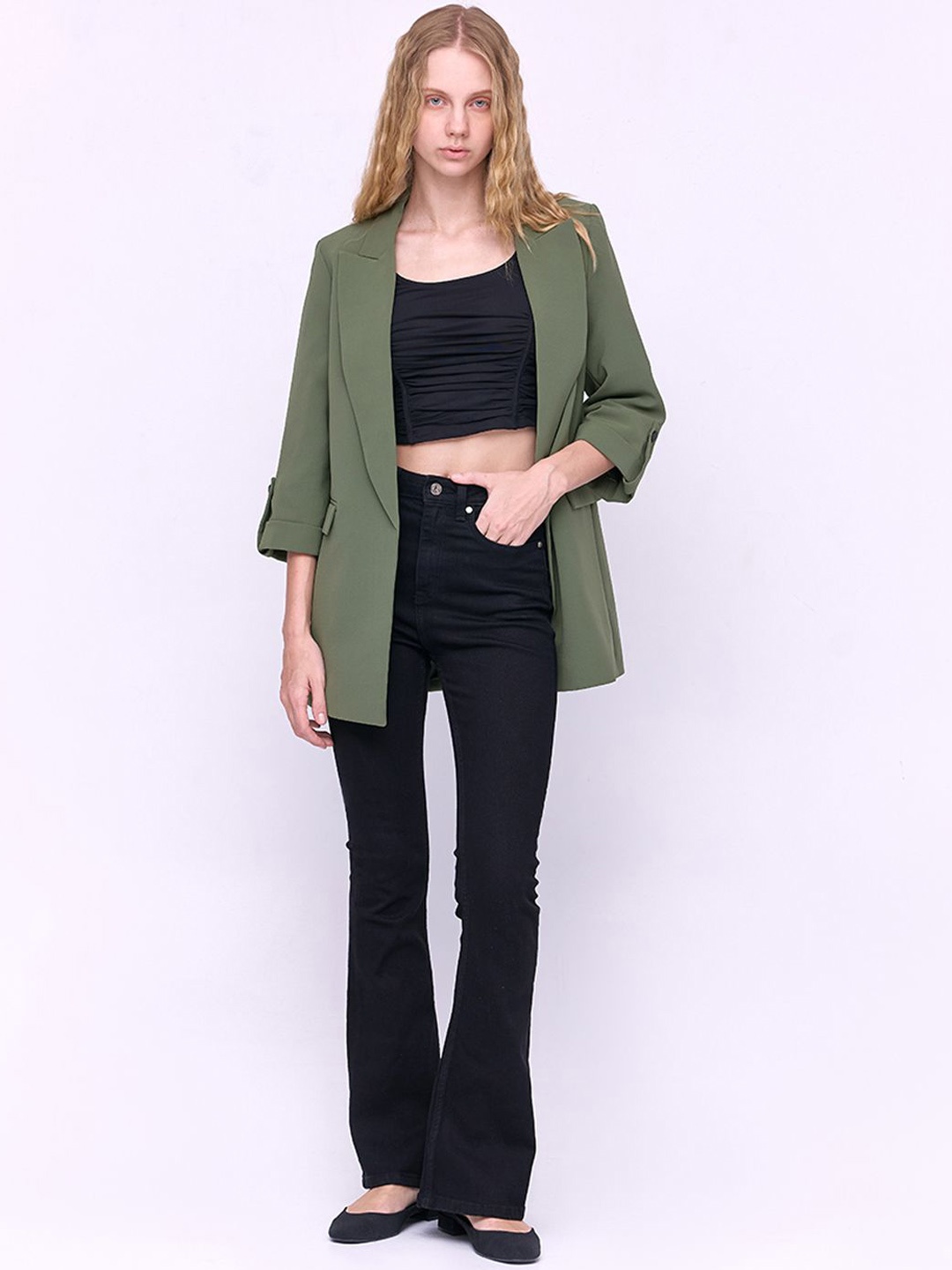 

COVER STORY Peaked Lapel Collar Front Open Casual Blazer, Olive