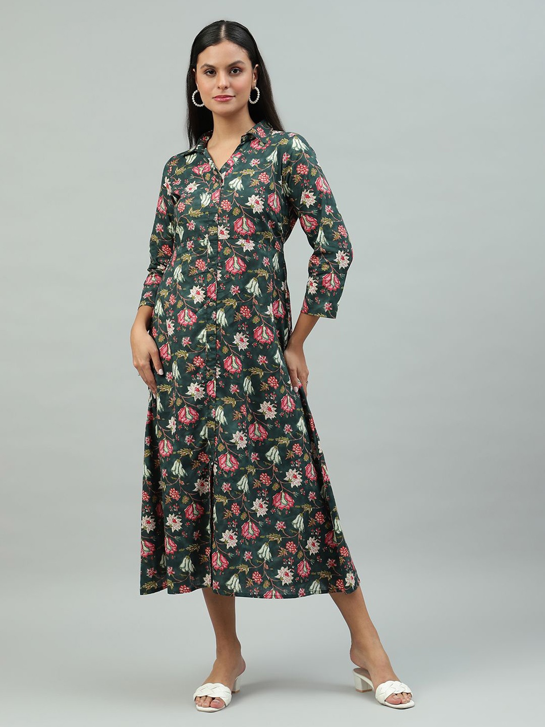 

FLAMBOYANT Floral Print A-Line Midi Dress, Green