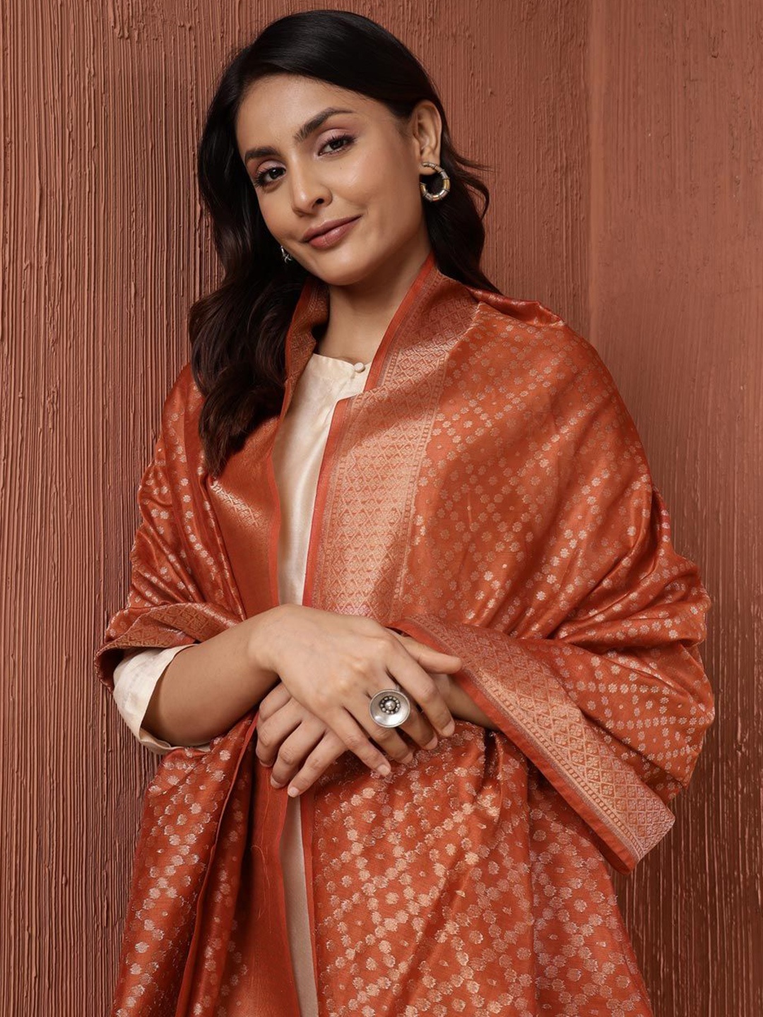 

Fabindia Floral Woven Design Cotton Silk Dupatta, Rust