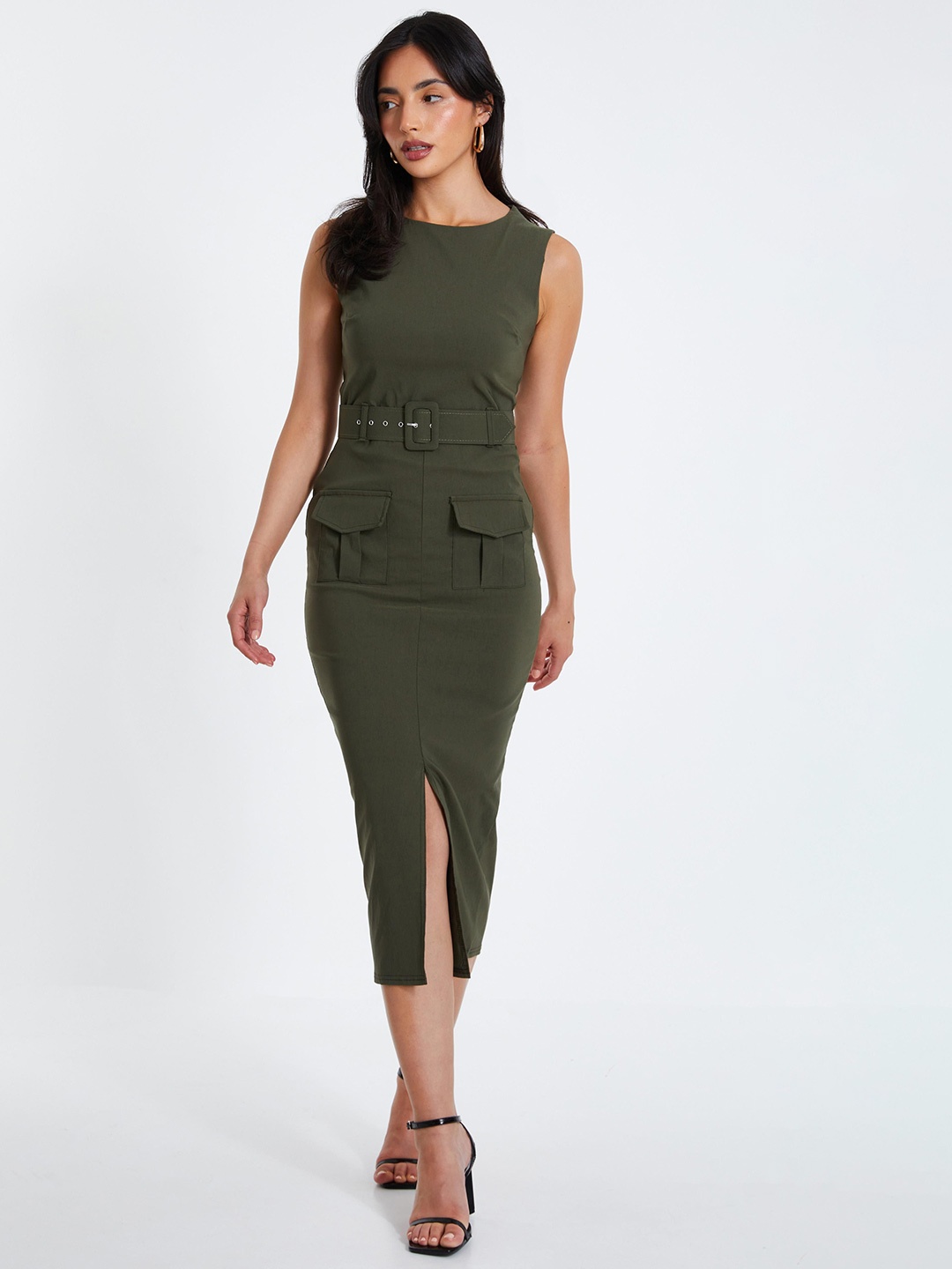 

QUIZ Women Bodycon Belted Split Front Midi Dress, Khaki