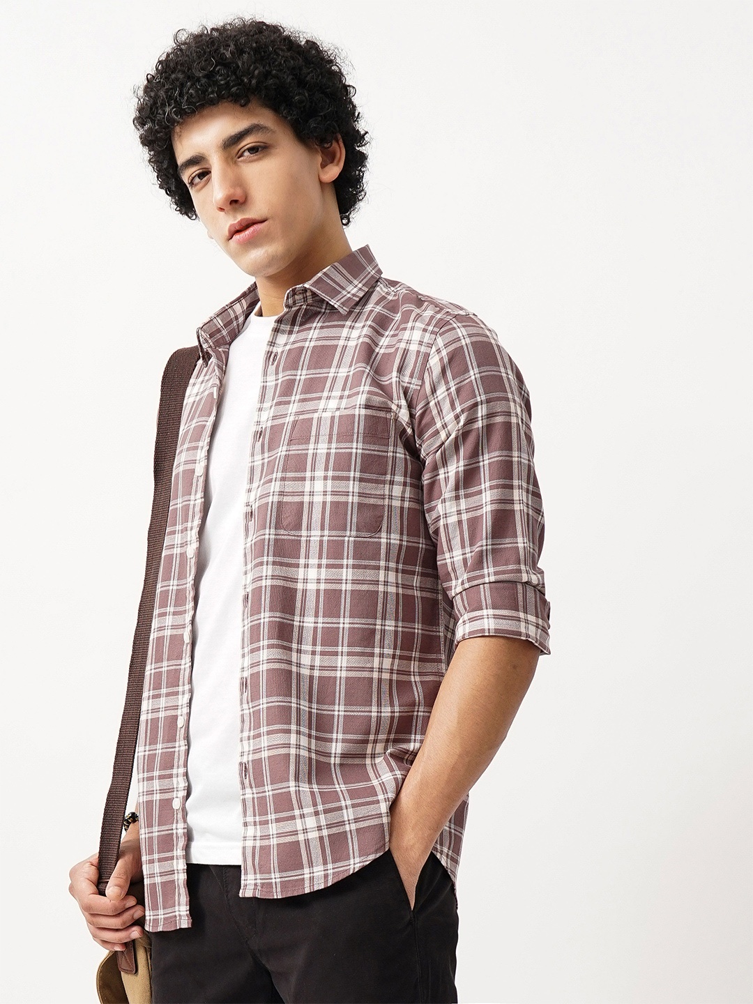 

British Club Men Classic Spread Collar Tartan Checked Cotton Casual Shirt, Mauve