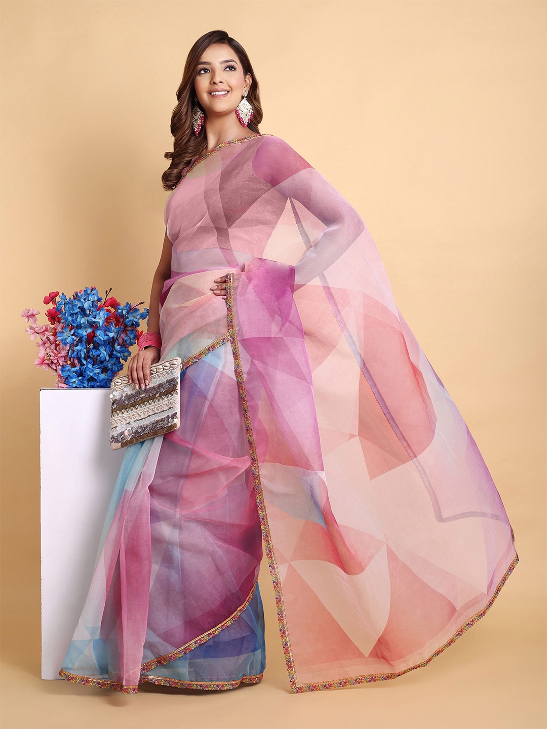 

Sarisp Patchwork Organza Saree, Pink