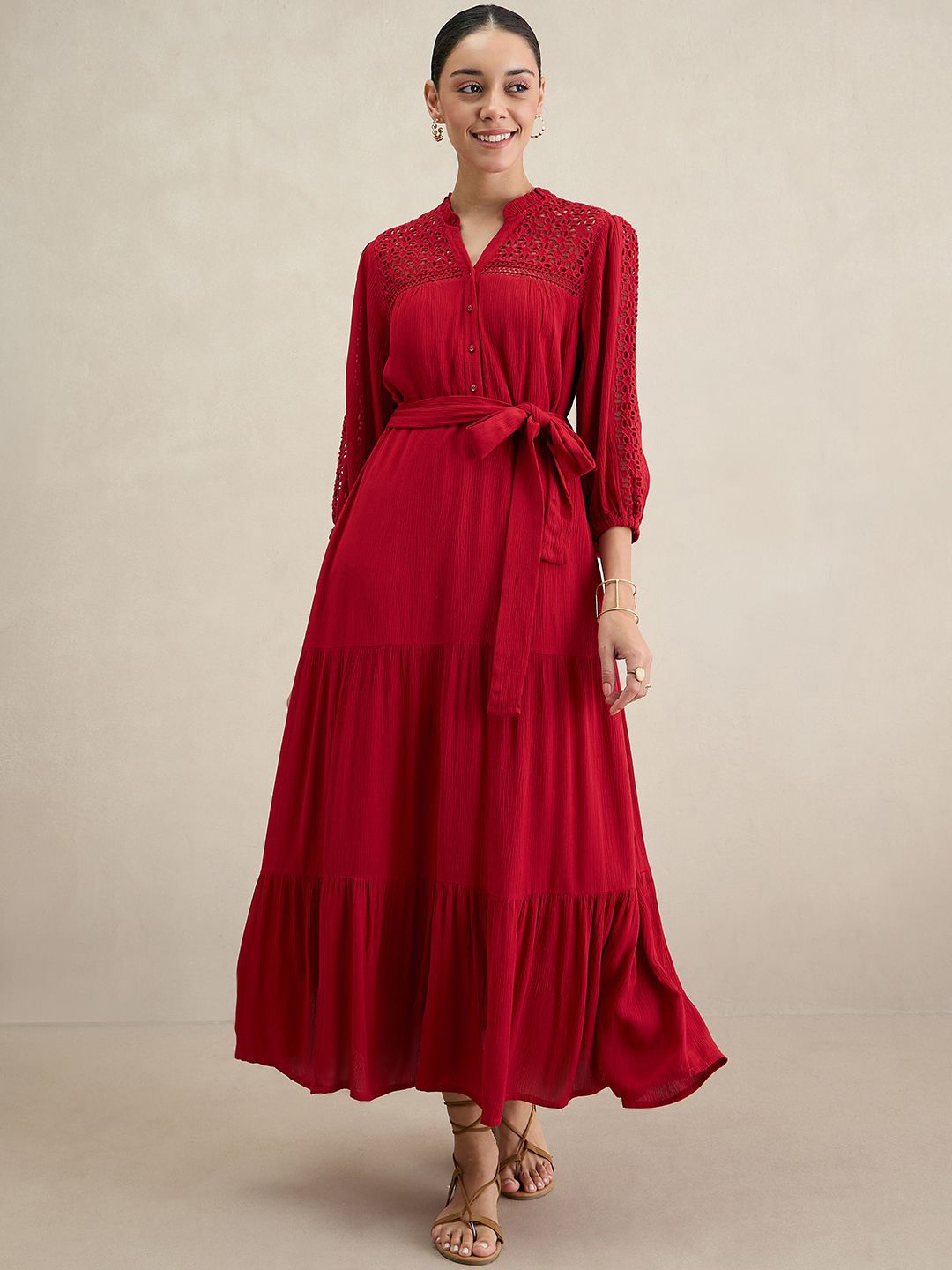 

FEMMELLA Women Pure Cotton Embroidered Fit and Flare Maxi Dress, Red