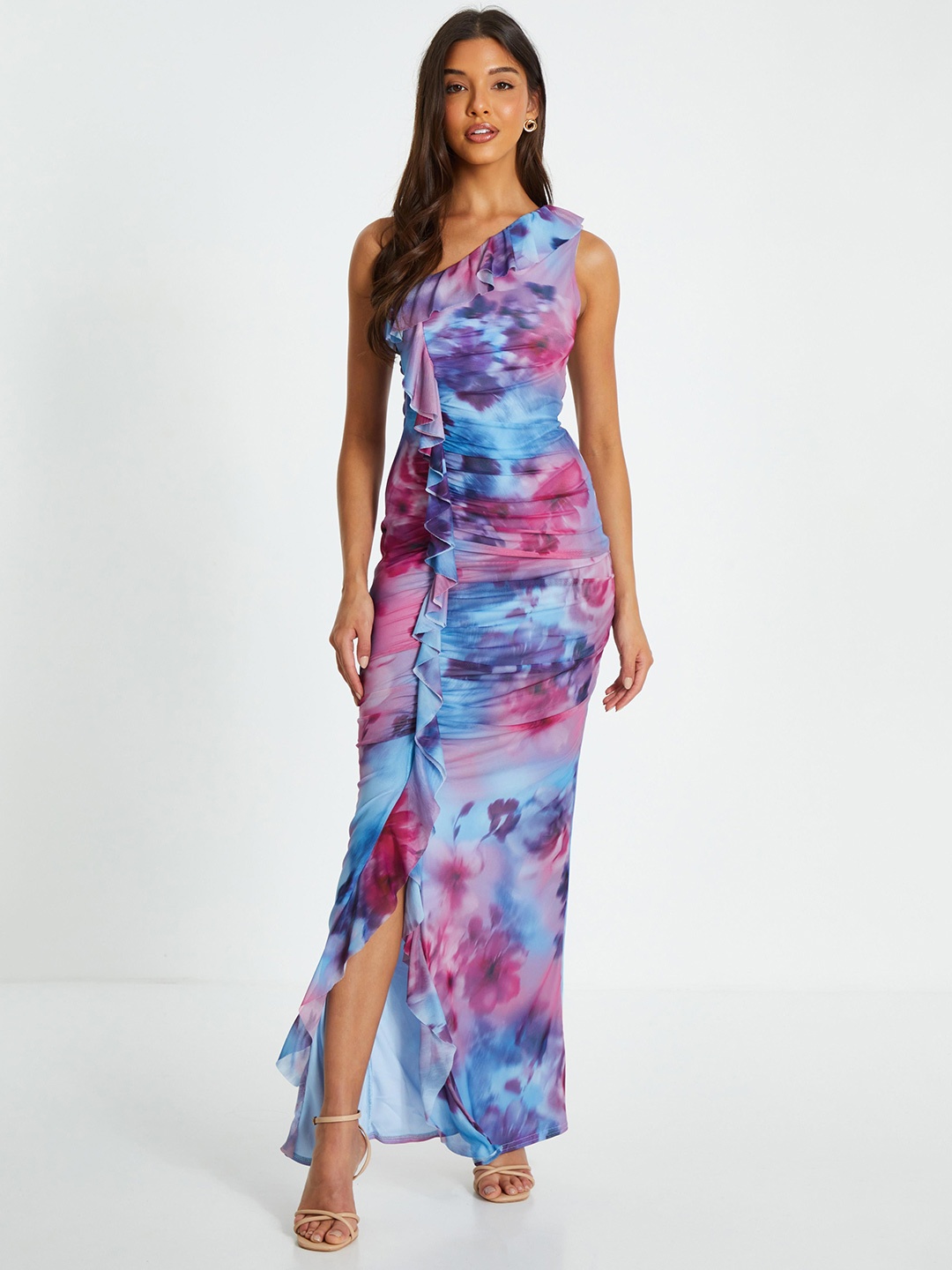 

QUIZ Tie and Dye Dyed One Shoulder Bodycon Maxi Dress, Multi