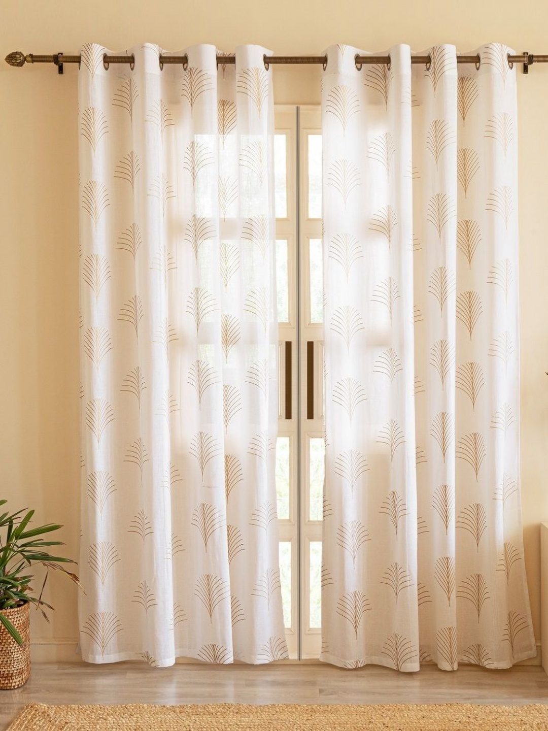 

HOMEMONDE Gold-Toned & White 2 Pieces Floral Printed Cotton Sheer Door Curtains