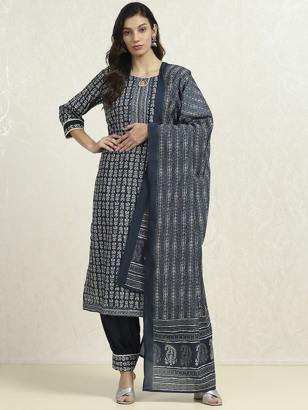 

Biba Ethnic Motifs Printed Unstitched Dress Material, Blue