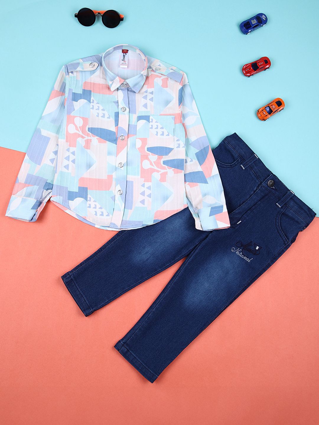 

V-Mart Boys Printed Shirt with Trousers, Blue