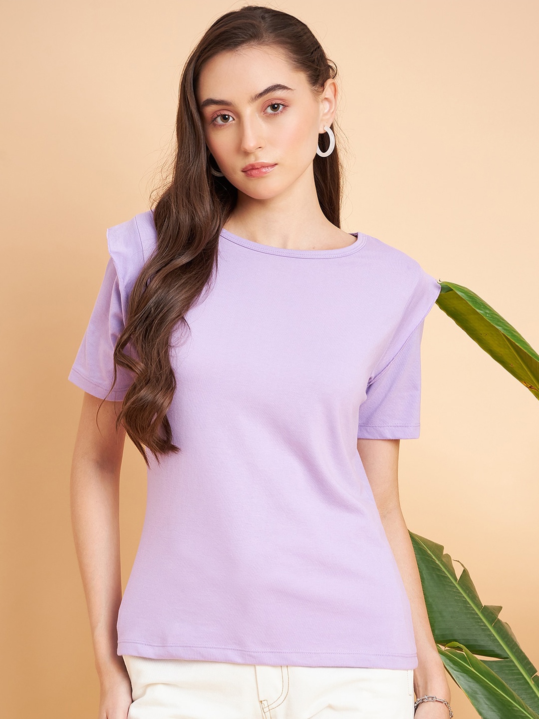 

MINT STREET Women Lavender Drop-Shoulder Sleeves Pockets T-shirt