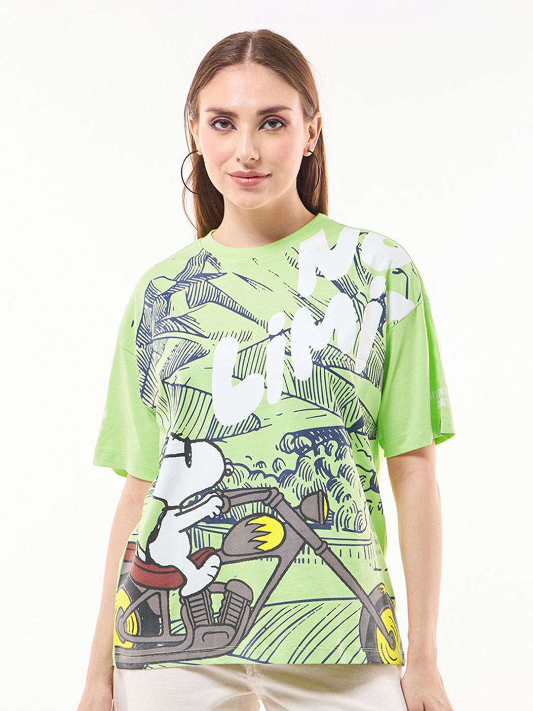 

Bewakoof Women Snoopy Graphic Printed Round Neck Cotton Oversized T-shirt, Green