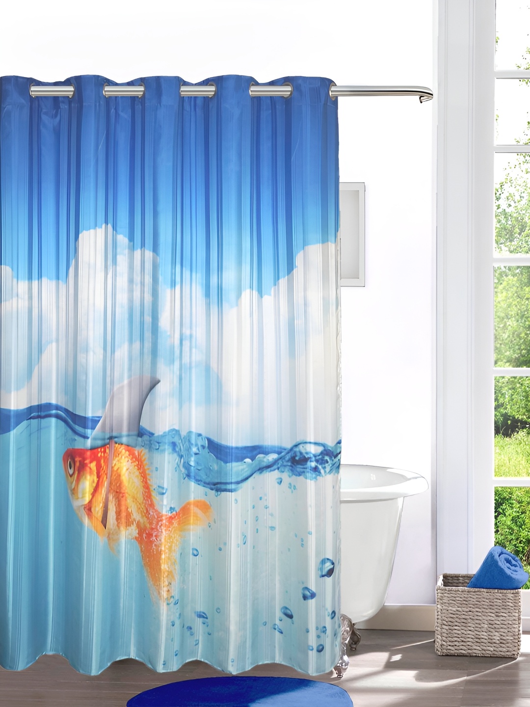 

Lushomes Blue & White Gold Fish Printed Shower Curtain