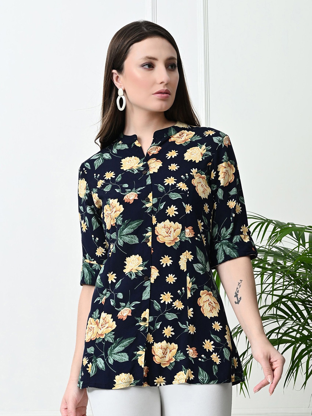 

RAJPUTANA CAMISA Floral Printed Mandarin Collar Shirt Style Top, Blue