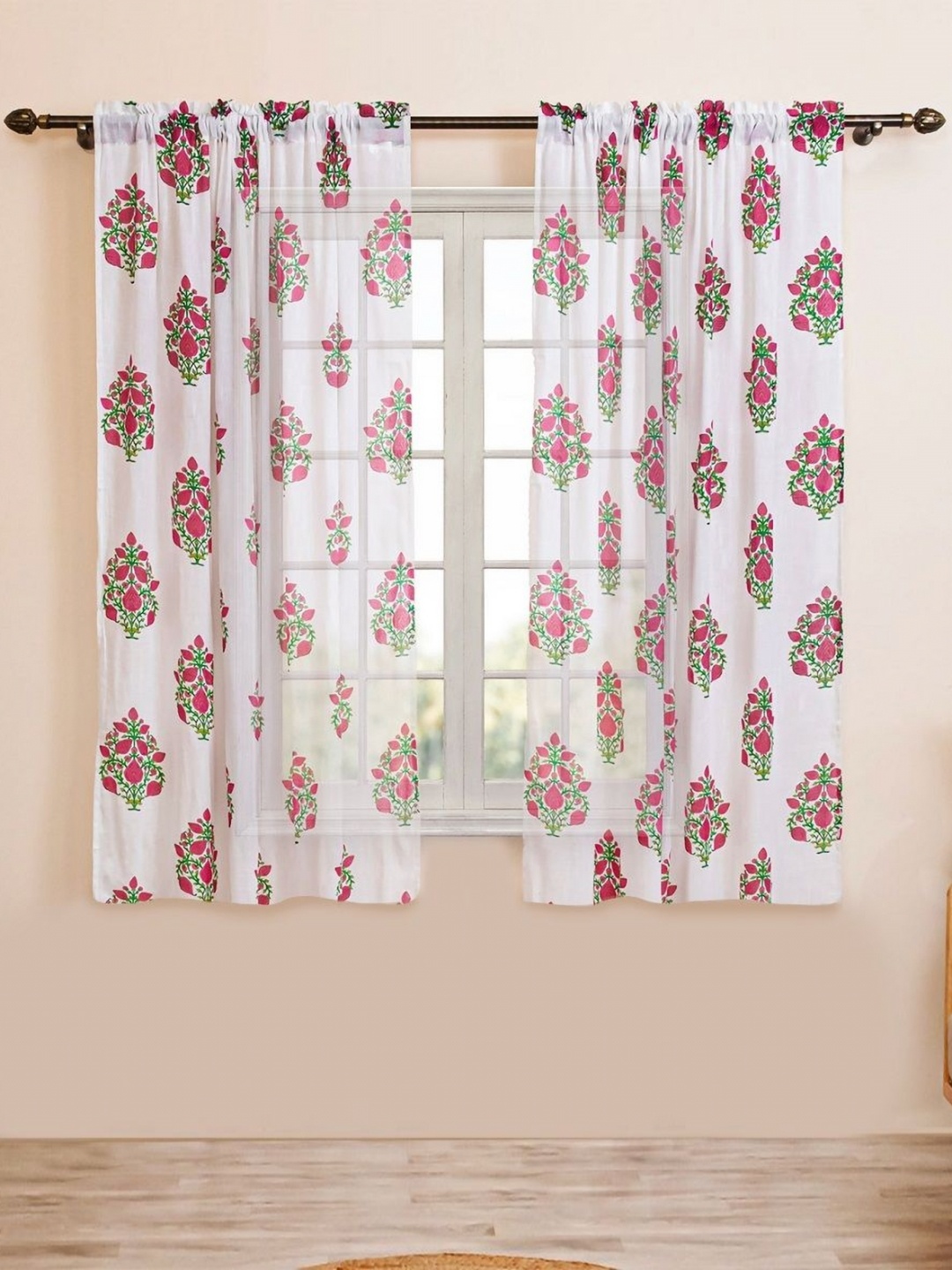 

HOMEMONDE Pink & White 2 Pieces Floral Printed Sheer Window Curtains