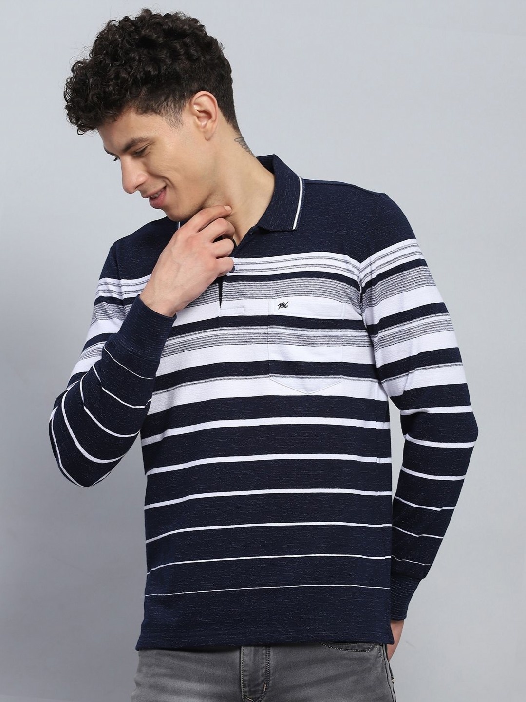 

Monte Carlo Men Striped Polo Collar Cotton T-shirt, Navy blue