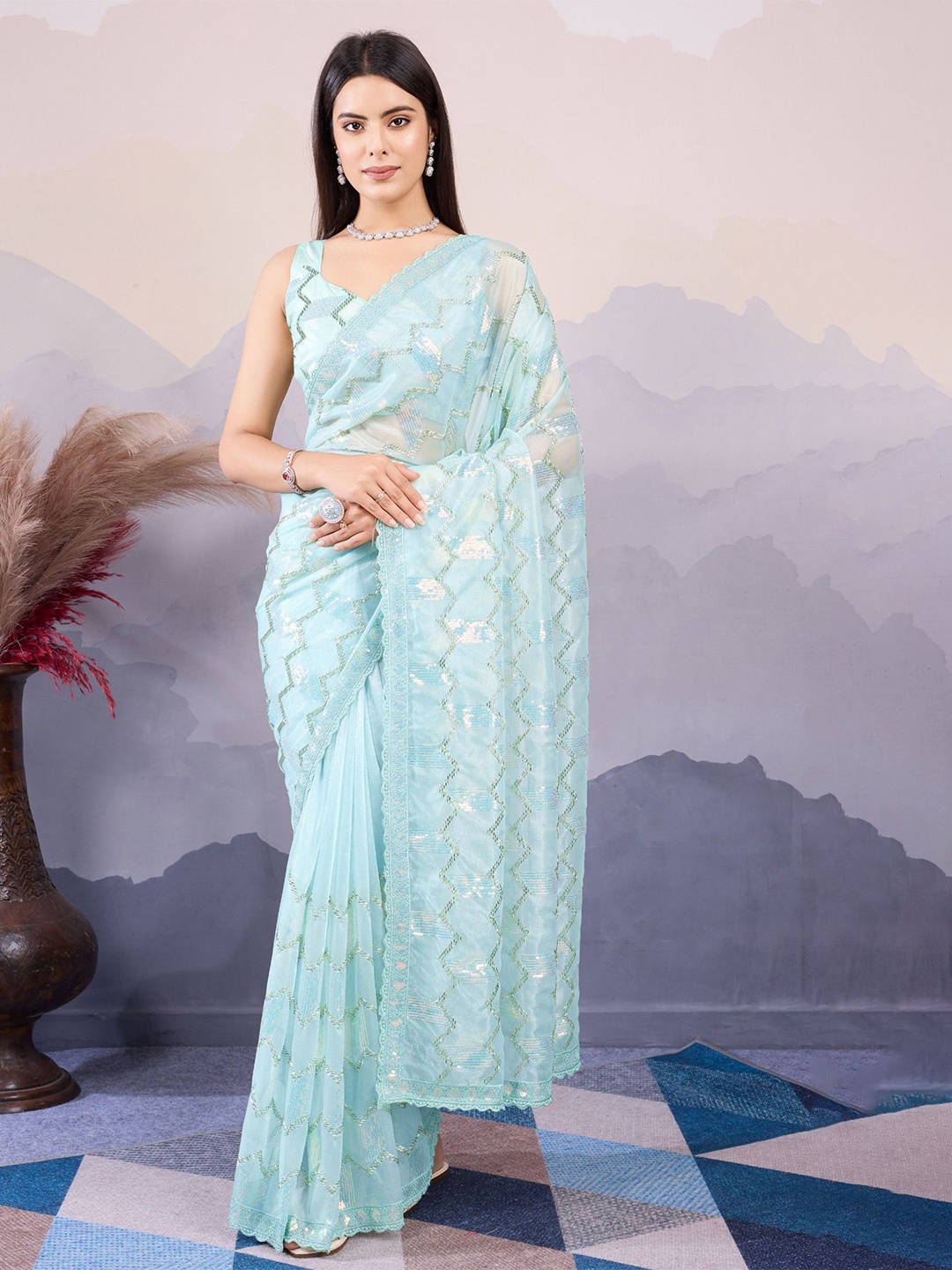 

MySilkLove Embellished Sequinned Net Saree, Blue