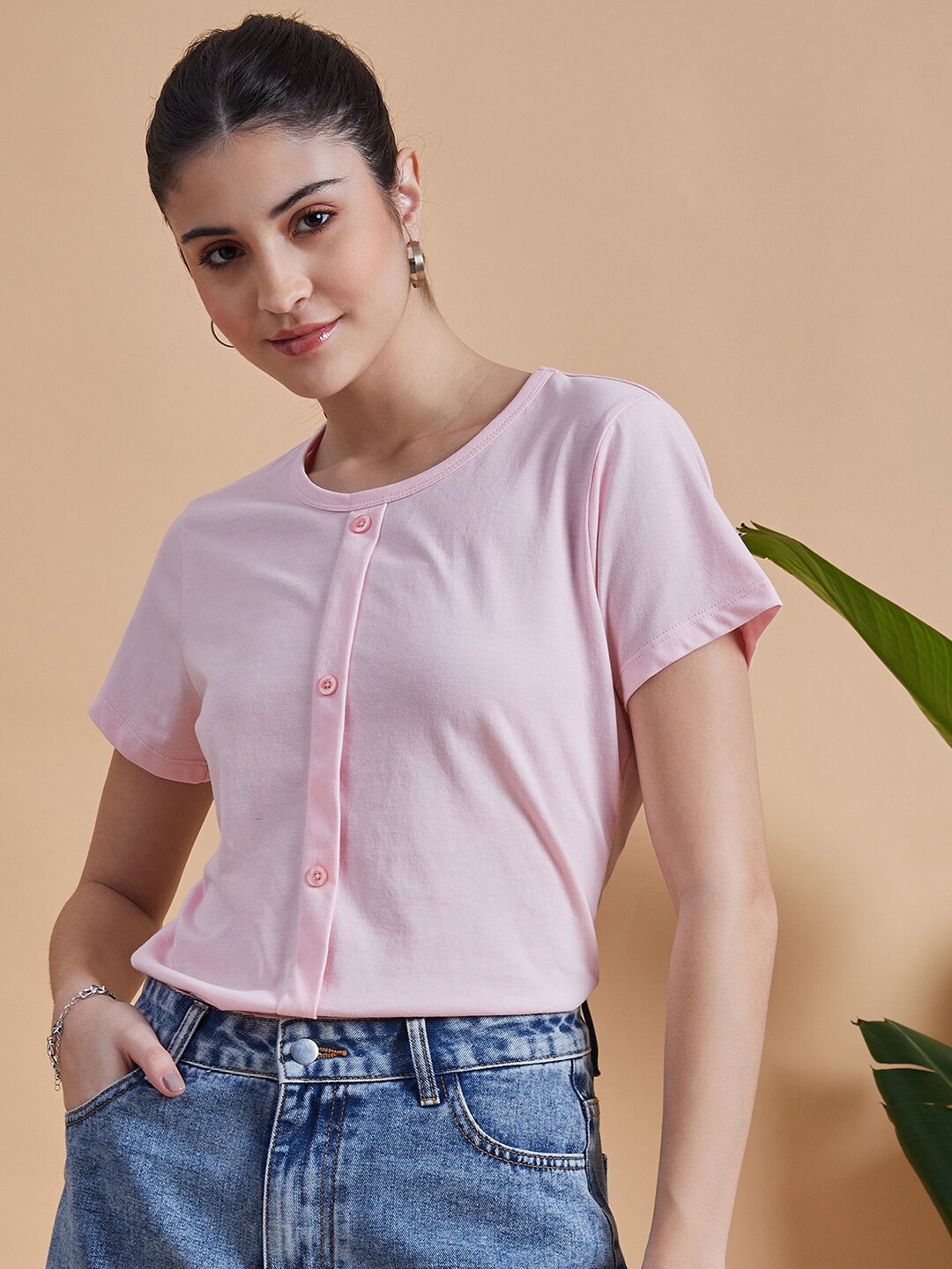 

MINT STREET Round Neck Pure Cotton Crop T-shirt, Pink