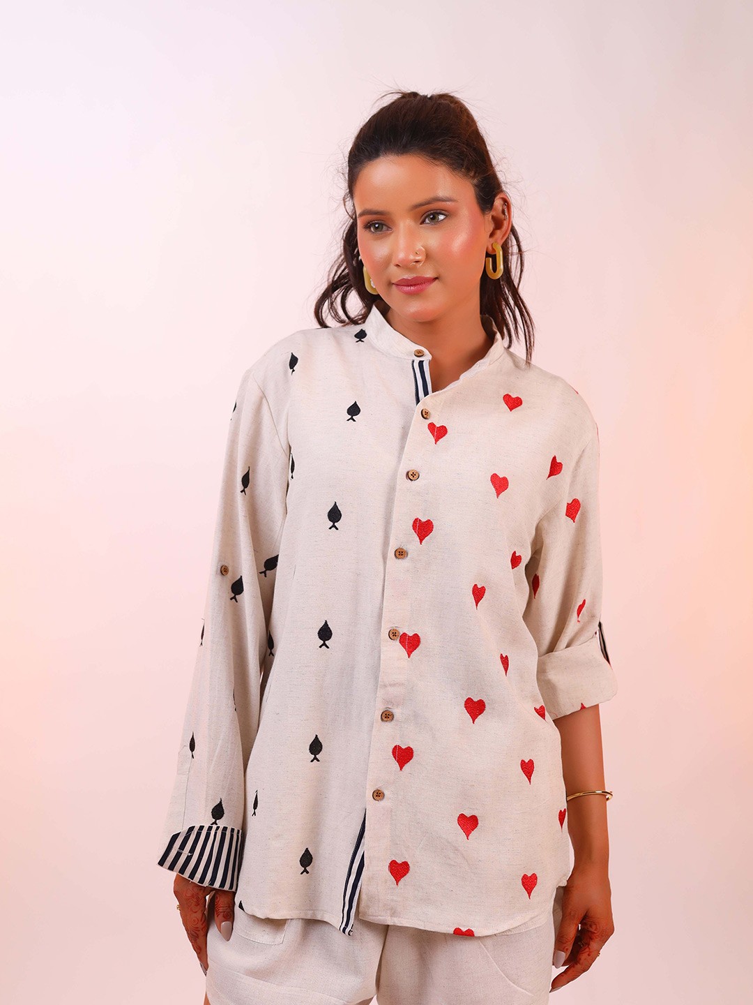 

DALCHINII Women Relaxed Band Collar Conversational Printed Cotton Casual Shirt, Off white