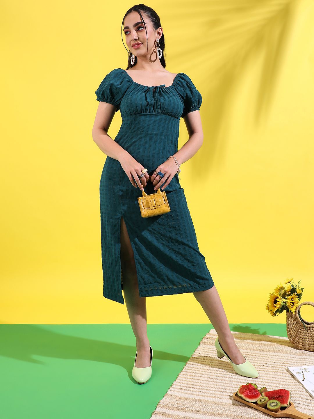 

PINACOLADA Solid Smocked Tie-Up Neck Puff Sleeves Knee Length Sheath Dress, Blue