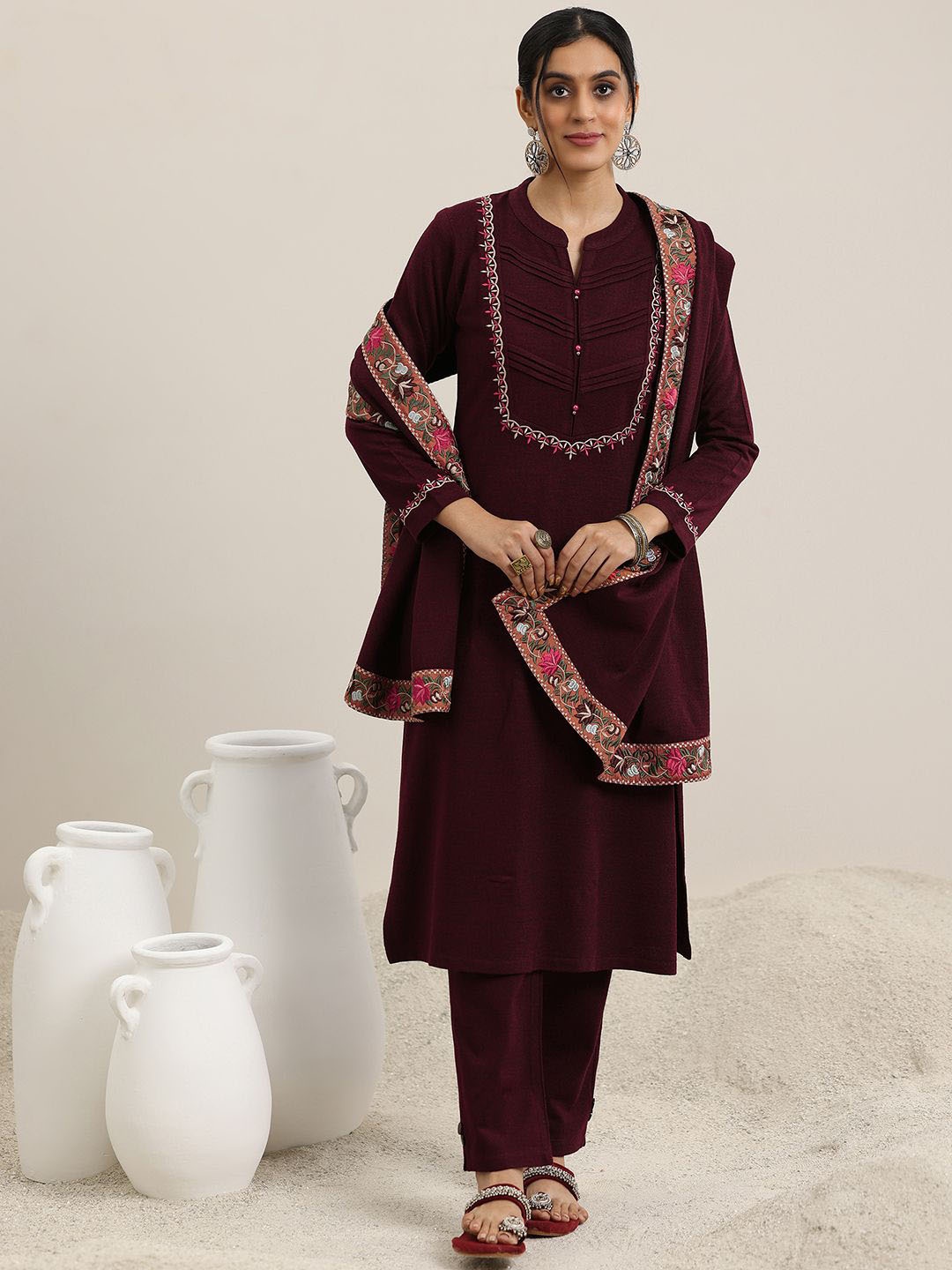 

Libas Maroon Floral Yoke Design Mandarin Collar Thread Work Kurta with Trousers & Dupatta