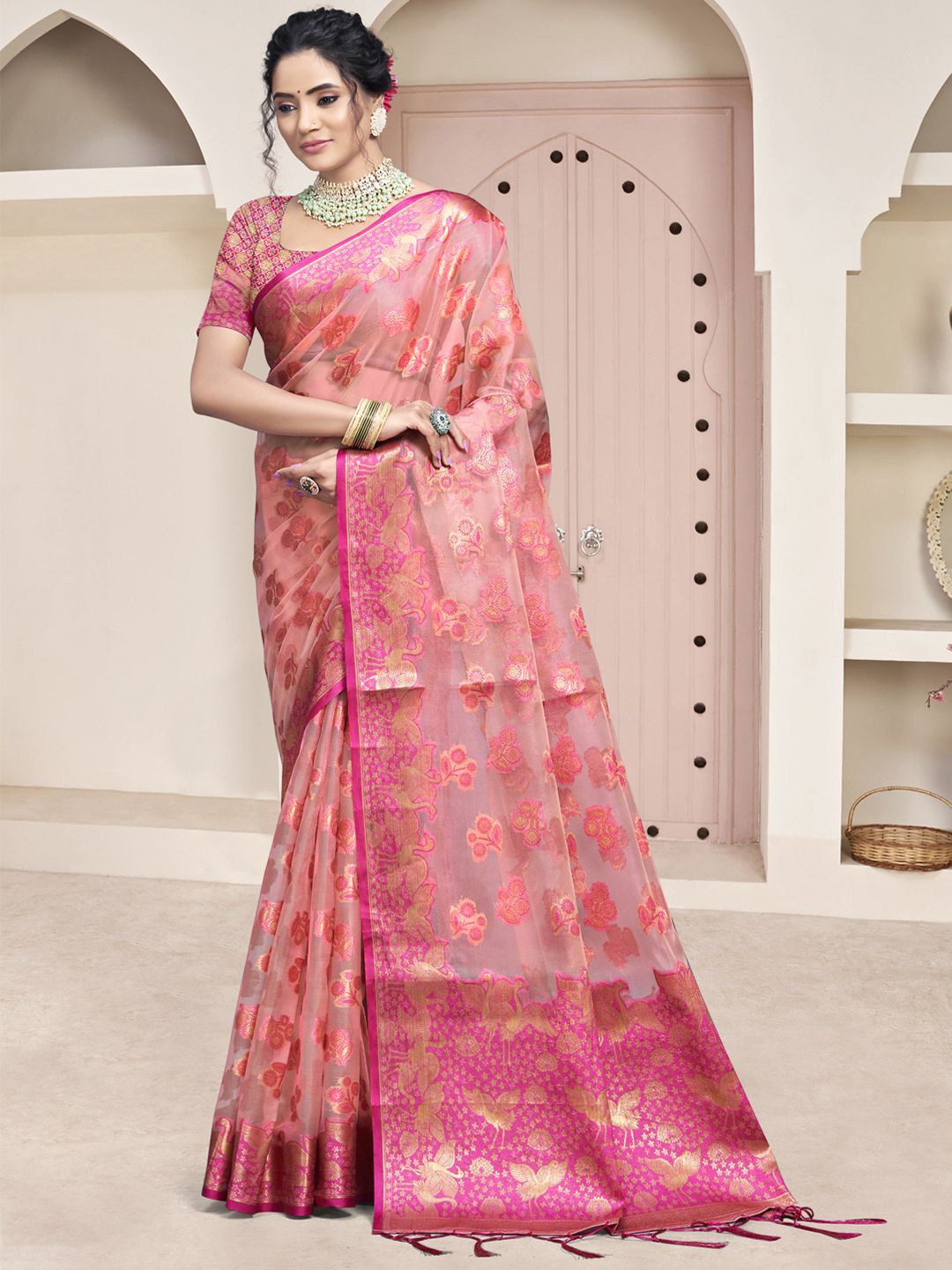 

Ishin Woven Design Zari Organza Saree, Pink