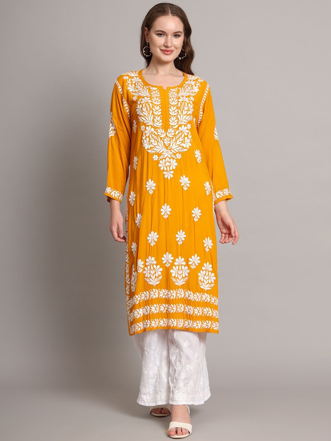 

The Chikan Label Floral Embroidered Chikankari Modal Straight Kurta, Yellow