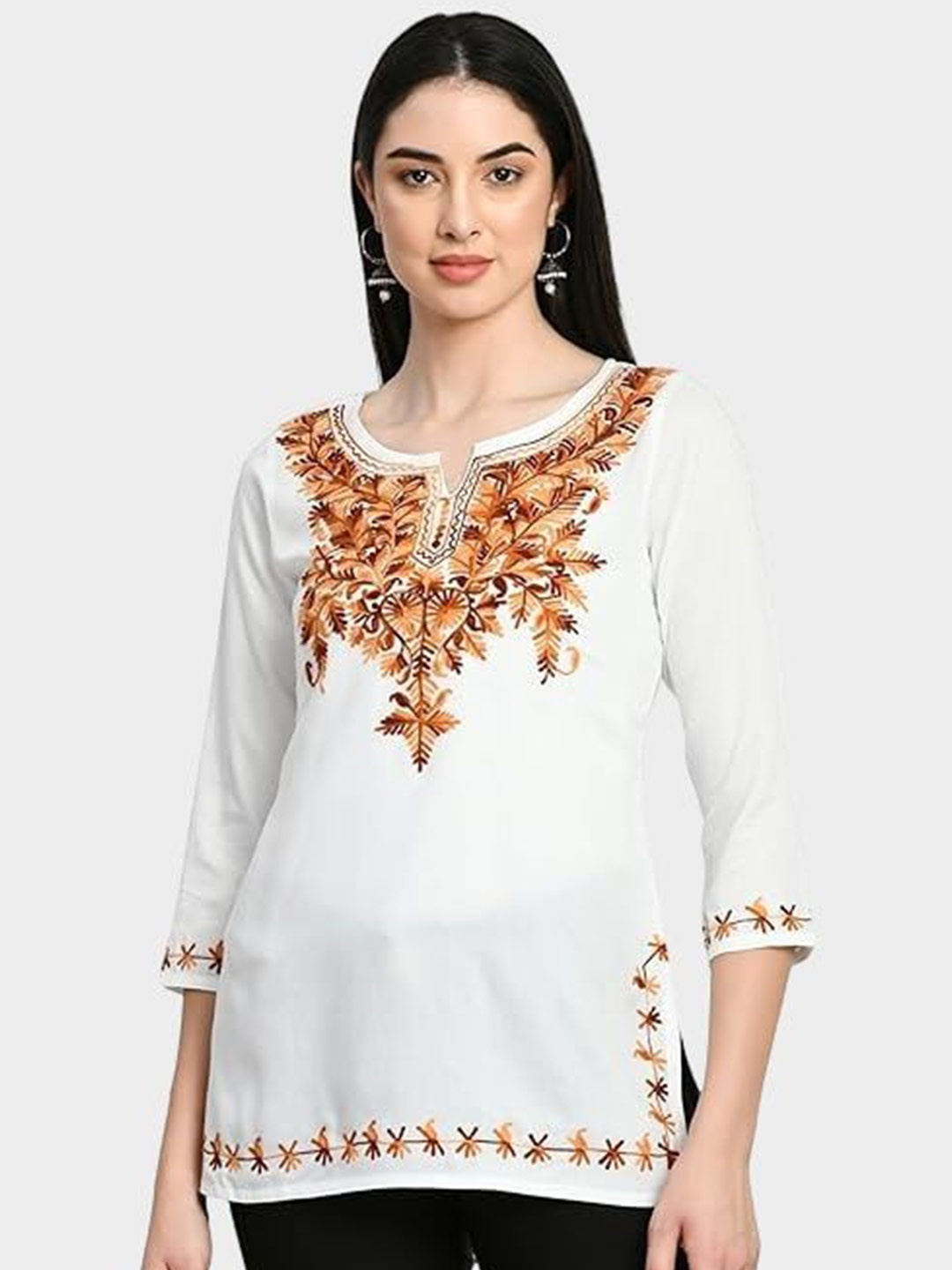 

QAZMI Floral Kashmiri Aari Embroidered Straight Kurti, White